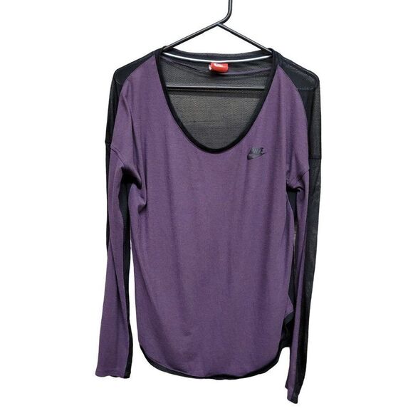 Nike T2 Long Sleeve LS Mesh Back T-Shirt Tee Purple Black Curved‎ Hem Womens S - Picture 1 of 14